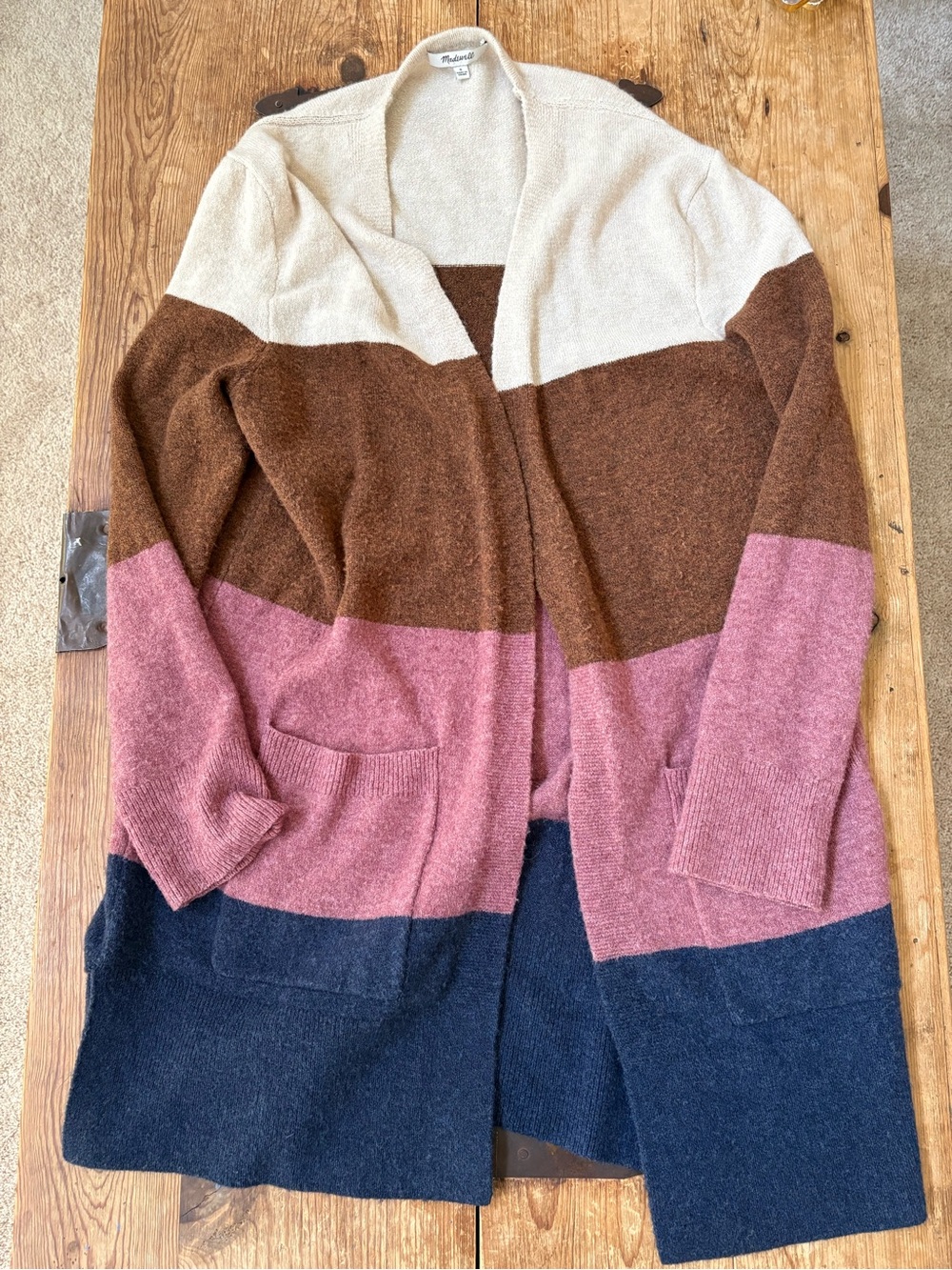 Madewell Colorblock Long Cardigan in Cream, Brown, Pink & Navy - Picture 2 of 4